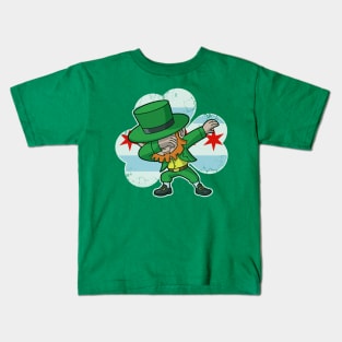 Chicago Flag Irish Shamrock Dabbing Leprechaun Kids T-Shirt